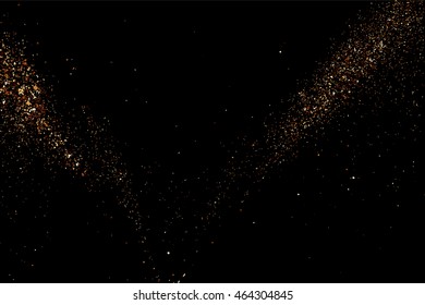 Glitter sparkle texture background with coffee brown gold golden dust particle on black. Shimmer shine abstract pattern scattered dot grain powder. Elegant luxury decorative overlay effect vector
