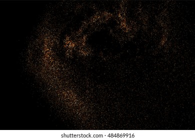 Glitter sparkle texture background with coffee brown gold golden dust particle on black. Shimmer shine abstract pattern scattered dot grain powder. Elegant luxury decorative overlay effect vector
