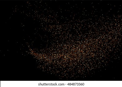 Glitter sparkle texture background with coffee brown gold golden dust particle on black. Shimmer shine abstract pattern scattered dot grain powder. Elegant luxury decorative overlay effect vector