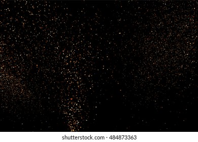 Glitter sparkle texture background with coffee brown gold golden dust particle on black. Shimmer shine abstract pattern scattered dot grain powder. Elegant luxury decorative overlay effect vector