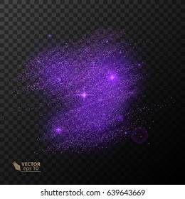 Glitter sparkles on transparent background. Star dust sparks on dark background, shimmering star lights, confetti