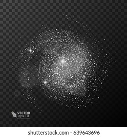 Glitter sparkles on transparent background. Star dust sparks on dark background, shimmering star lights, confetti