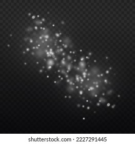 Glitter special light effect. White dust sparks glitter, star night sky, space, dusty shine lights. Star burst glare with sparkles on transparent background. Christmas shining flare bokeh. Vector