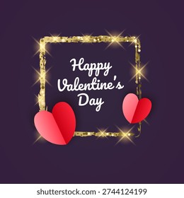 Glitter square frame with three-dimensional paper heart, Happy Valentine's Day greeting card
