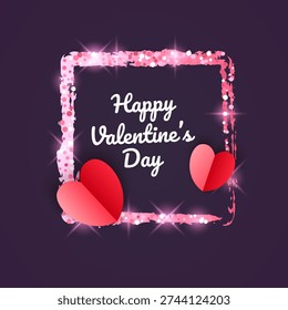 Glitter square frame with three-dimensional paper heart, Happy Valentine's Day greeting card