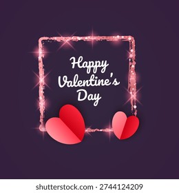 Glitter square frame with three-dimensional paper heart, Happy Valentine's Day greeting card