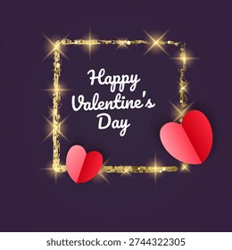 Glitter square frame with three-dimensional paper heart, Happy Valentine's Day greeting card