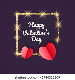 Glitter square frame with three-dimensional paper heart, Happy Valentine's Day greeting card