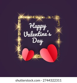 Glitter square frame with three-dimensional paper heart, Happy Valentine's Day greeting card