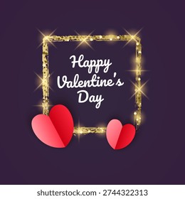 Glitter square frame with three-dimensional paper heart, Happy Valentine's Day greeting card