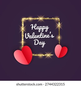 Glitter square frame with three-dimensional paper heart, Happy Valentine's Day greeting card