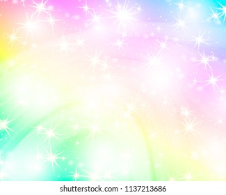 Glitter star rainbow background. Starry sky in pastel color. Bright mermaid pattern.Vector illustration. Unicorn colorful stars backdrop.