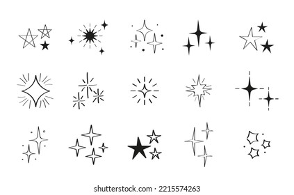 Glitter stars  in doodle set vector. Sketch star shapes, shining line starburst signs for christmas party invitation. Glow effect in hand drawn style. Sparks glitter and super light. 