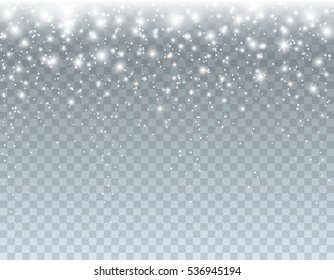 Glitter stars with falling glow white Xmas snow isolated on translucent background. Abstract bright sparkles decoration. Vector glitter light effect in sky for Christmas, New Year party design.