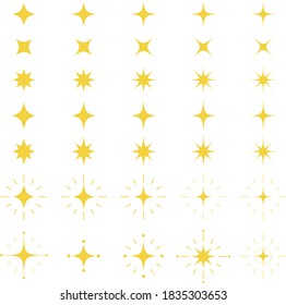 Glitter, stars, light. Vector illustration material set. Yellow, golden, shimmering light. White background.