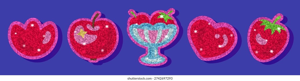 Glitter sticker set with cherries, apple, strawberry, heart and ice cream cup on purple background. Shiny pink patches with sparkling sequins texture, glossy highlights and sweet kawaii style accents.