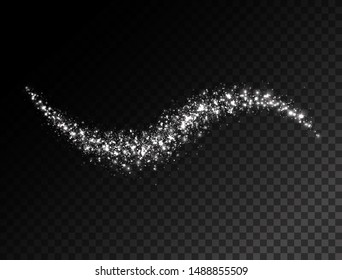 Glitter stream of sparkles on transparent background. Glowing burst effect. Silver stream of sparks. Smoke imitation. Light burst effect. Vector illustration.