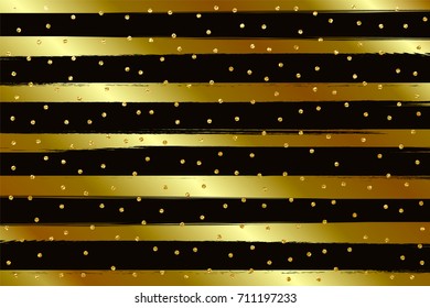 Glitter stripe pattern, gold and black color with golden dots. Vector pattern.