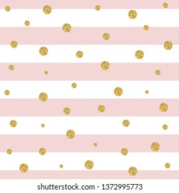 Glitter stripe seamless pattern of gold circles on white and pink lines. Festive foil wallpaper design. Holiday wrapping illustration. 