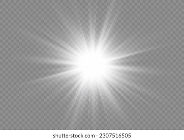 Glitter summer sunlight burst. Glow light star, white sun rays, magic glare bokeh. Shiny hot star lights, summer concept bright and vibrant color background. Vector illustration. 