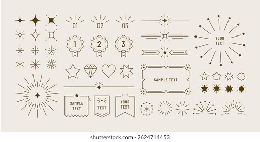 Glitter sunburst frames. Decorative geometric stars, sparkles and badges, ribbons and border frames in minimal line art style. Banner elements for logo, label vector set.