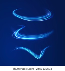Redemoinho brilhante com feixe de energia luminoso voando cintilante curva abstrata azul tornado luz mágica vórtice plano de fundo efeito linha brilhante furacão redondo vento png poder futurista