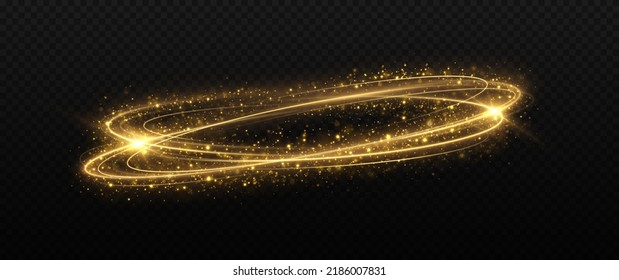 Glitter swirl rings twinkle on transparent background. Magic golden light trail with bright stars. Sparkle twirl circles with light effect.