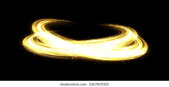 Glitter swirl rings twinkle on transparent background. Magic blue light trail with bright stars. Sparkle twirl circles with light effect.
