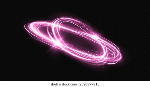 Glitter swirl rings twinkle on transparent background. Magic purple light trail with bright stars. Sparkle twirl circles with light effect.