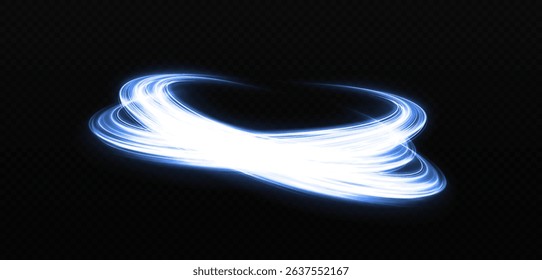 Glitter swirl rings twinkle on transparent background. Magic blue light trail with bright stars. Sparkle twirl circles with light effect.