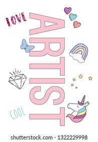 glitter text unicorn colorful heart rainbow diamond butterfly star girl tee illustration art vector 