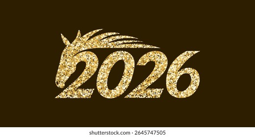 Glitter texture design featuring "2026" with a zodiac horse shape, celebrating the new Chinese year. Asian-style vector is ideal as a greeting card, Chinese New Year banner, poster, or cover template.