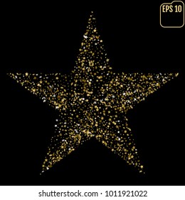 Glitter texture. Golden star. Vector illustration for cards, posters, banners, invitations. Isolated on black background.