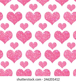 Glitter texture hand painted pink heart seamless pattern. Vector abstract illustration, eps8. Design romantic card for valentine's day. Metallic wallpaper. Decorative brilliance banner. 