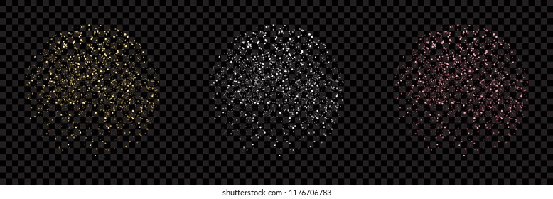 Glitter texture set isolated on black transparent background, vector illustration. Gold, silver and pink particles flying in the air, party celebration confetti fragments concept.