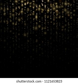 Glitter threads of curtain backdrop on black. Christmas and New Year effect. Gold particles lines rain. Fashion strass drops with shiny sequins. Sparkling of shimmering light blurs. EPS 10