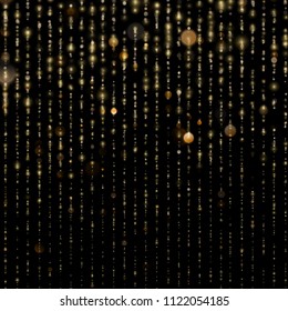 Glitter threads of curtain backdrop on black. Sparkling of shimmering light blurs. Gold particles lines rain. Fashion strass drops with shiny sequins. Christmas and New Year effect. EPS 10