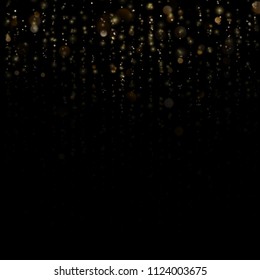 Glitter threads of curtain backdrop on black. Sparkling of shimmering light blurs. Gold particles lines rain. Fashion strass drops with shiny sequins. Christmas and New Year effect. EPS 10