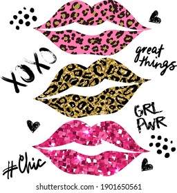 Glitter Typography Print With Lips. Leopard Skin On Lips. Fashion Print For Girls Textile, Fabric, T Shirt And More