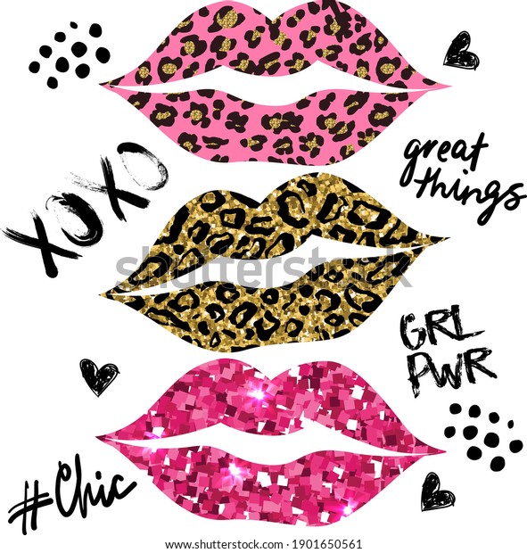 Glitter\
typography print with lips. Leopard skin on lips. fashion print for\
girls textile, fabric, t shirt and\
more