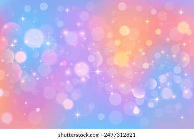 Glitter unicorn background with stars and bokeh. Pastel rainbow fantasy sky with magic light and cute bubbles. Kawaii dreamy space with sparkles and fairy gradation. Vector gradient backdrop