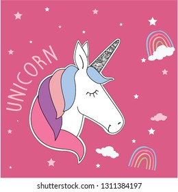 glitter unicorn cloud rainbow star text pink girl tee illustration art vector 