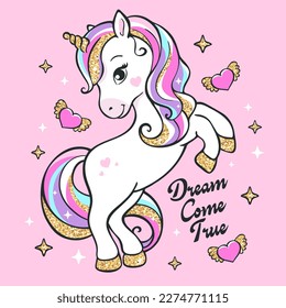 Unicornio brillante en un fondo rosado. Dibujo de ilustraciones de moda de estilo moderno para ropa. Art. Secuencias de ilustración. Imprimir para ropa y camisetas. Ilustración vectorial. Impresión vectorial.
