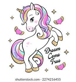 Unicornio brillante. Sobre un fondo blanco. Dibujo de ilustraciones de moda de estilo moderno para ropa. Art. Secuencias de ilustración. Imprimir para ropa y camisetas. Ilustración vectorial. Impresión vectorial.