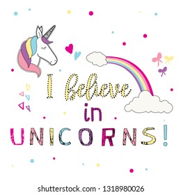 glitter unicorn rainbow cloud colorful text polka star girl tee illustration art vector 