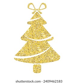 Glitter vector fir tree with bow.  Gold icon fir tree. Glittery illustration. Fir tree silhouette.