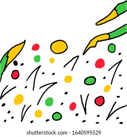 Glitter, Vector hand drawn floral bouquet. Colorful isolated different leaves and flowers. Design for T-shirt, textile and prints.
