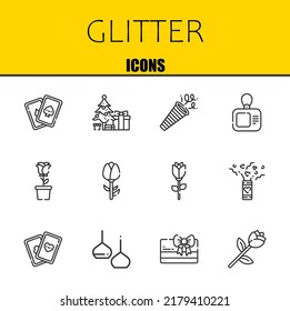 conjunto de iconos de línea vectorial de brillo. cartas, árbol de navidad e iconos de confeti. Diseño delgado de línea. Elementos gráficos de contorno modernos, símbolos de trazo simple ilustración de fondo