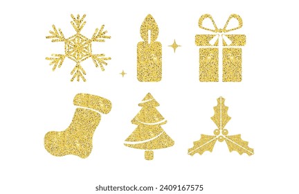 Glitter vector set of holiday icons. Gold snowflake, candle. gift, new Year's glitter sock for gifts, fir tree, holly berries. 