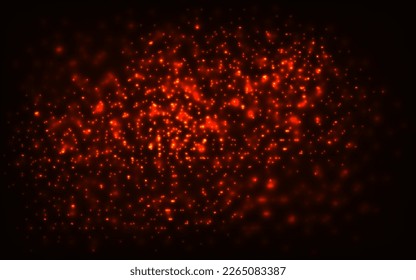 Glitter vintage lights background with lights defocused on dark red background.